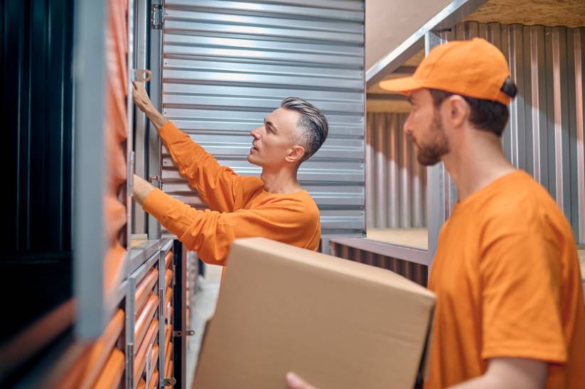 dois homens vestido de laranja segurando um caixa de mudanca