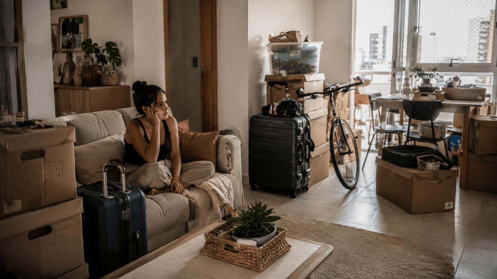 Pessoa tentando organizar itens em apartamento pequeno em Salvador