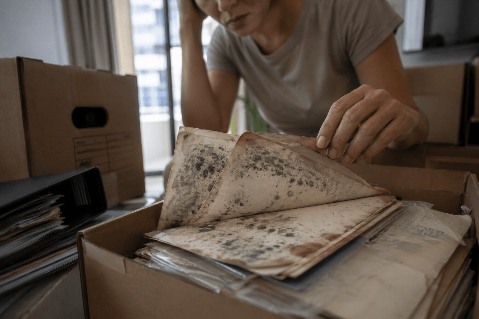 Danos por umidade em móveis e documentos armazenados