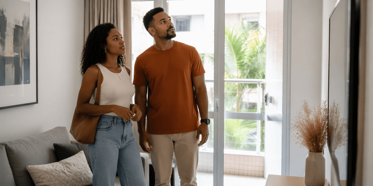 Casal avaliando espaço extra em Salvador dentro de apartamento